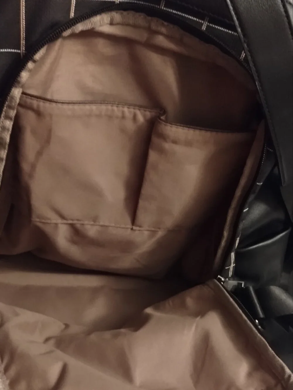 Black Grid-Pattern Backpack with Contrast Brown Strap
